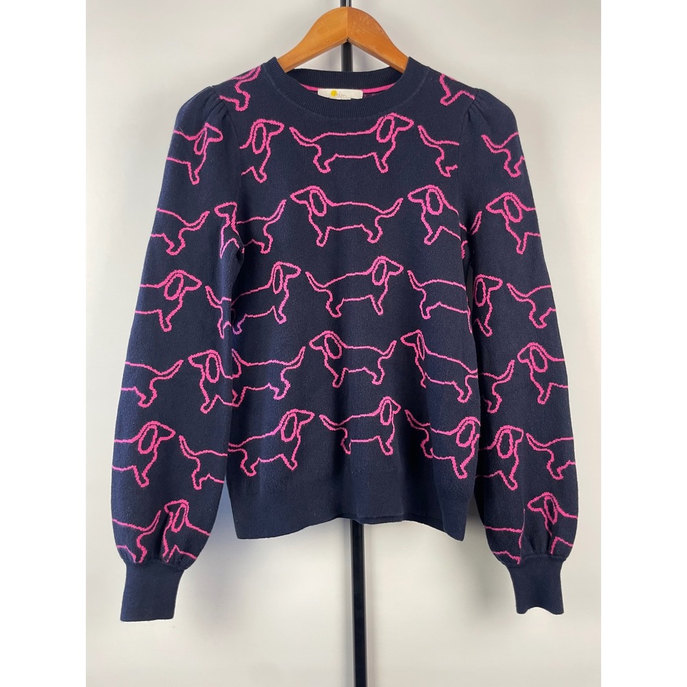 Boden Navy Pink Dachshund Dog Intarsia Cotton Wool Sweater Puff Sleeve US 6